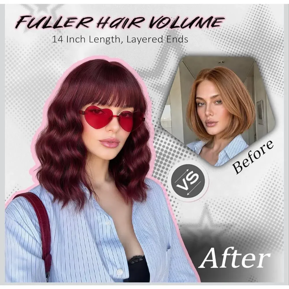 VIIYEESS Wine Red Wavy Bob Wig with Bangs 14” Synthetic Heat Resistant